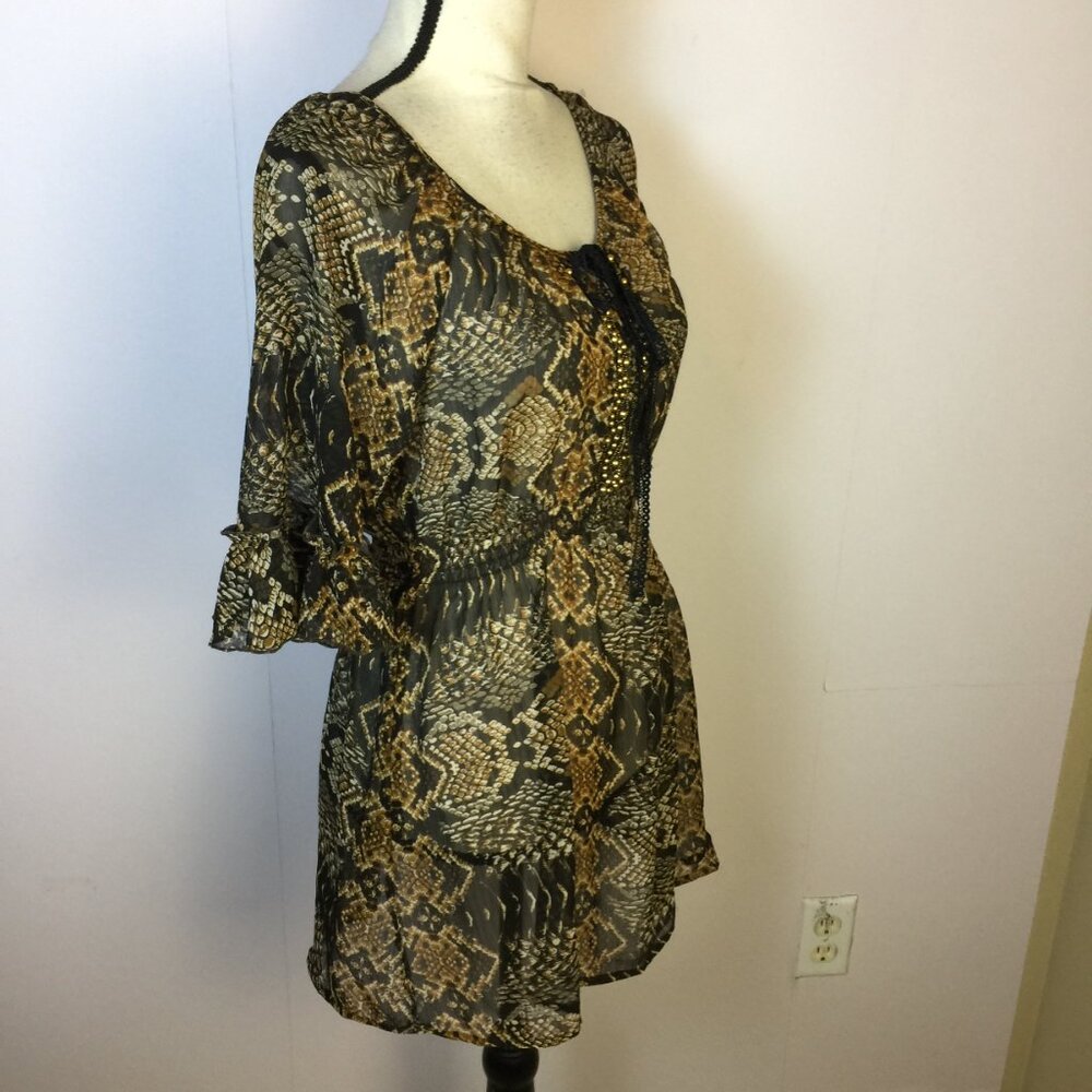 Mushka By Sienna Rose Tunic Blouse Sz M Womens Animal Print Smocked Waist Beaded - Picture 3 of 13